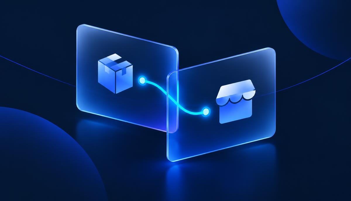 Abstract illustration of two glass panels connected by a glowing cyan line