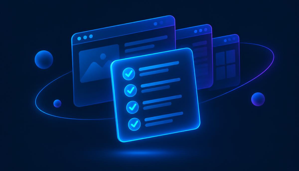 Abstract illustration of a glowing checklist in front of browser windows